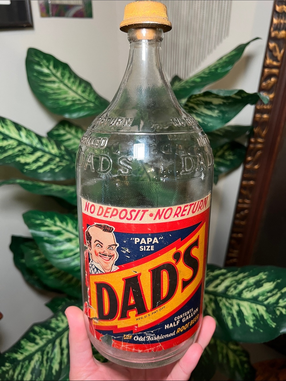 1950s Atomic Dad's Root Beer 'Papa' Size Glass Soda Bottle Red & Yellow Label